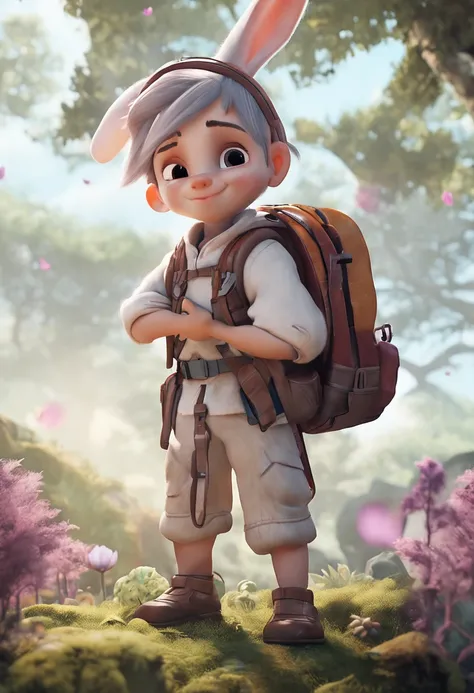 Classic negative portrait photo，Cute super cute，chiquita，Fantasy video game character concept art，A cute white fluffy rabbit，Carrying a small brown leather backpack，Watch the map and hike through the forest，fantasy，rios，Halo，blooms，Dramatic atmosphere，Purp...