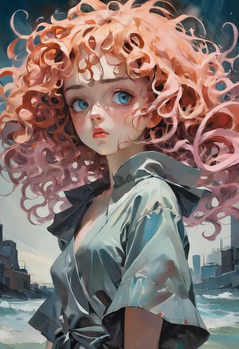 Beautiful girl. curly hair. youthful costumes.Surrealism. Tim Burton. In the style of Adrian Ghenie, Esao Andrews, Jenny Saville, Edward Hopper. The look of the 50s advertising