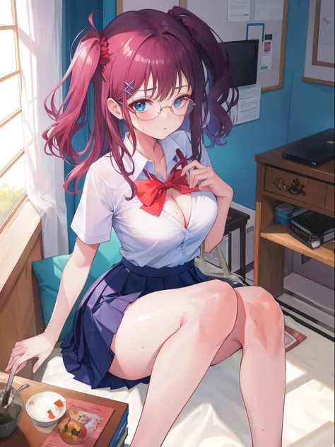 best quality, masterpiece, 1girl, solo, in the room, window, sweat, cleavage, glasses, school uniform, unbuttoned, short sleeve, armpit, skirt, legs