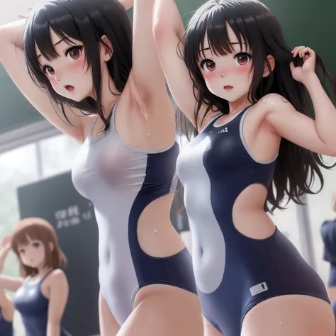 Anime girl, young, black hair, school swimsuit, arms raised, sweaty, hot day, sweaty armpits