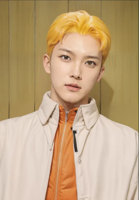 Real life adaption of this character,realistic detail yellow Hair messy up,wearing realistic orange sport jacket with Zipper and wearing realistic white thin cloak with collar,((handsome Korean teen face)),hyper realistic,realism,realistic light,realistic ...