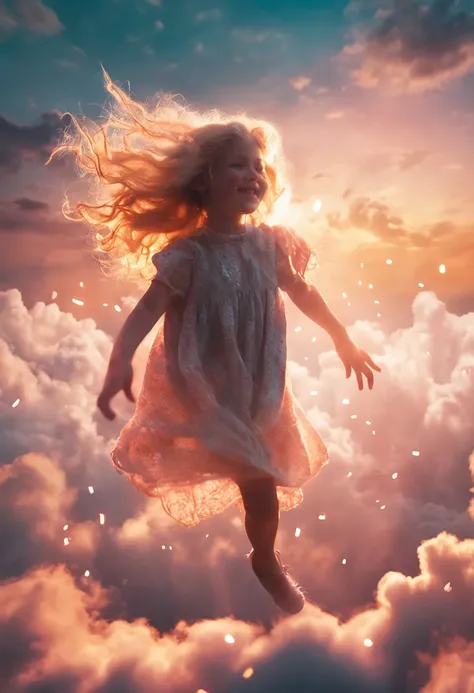 masterpiece, best quality, movie still, 1girl, cloud girl, floating in the sky, close-up, bright, happy, warm soft lighting, sunset, (sparks:0.7)