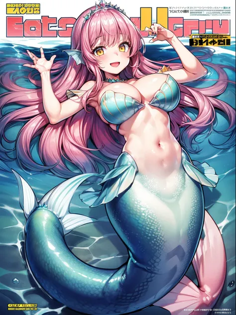 1girl,solo,(mermaid:::1.2), mermaid tail,scales,pink hairs,long hairs, yellow eyes,large breasts,shell,smile,open mouth, underrwater,tiara,magazine cover,