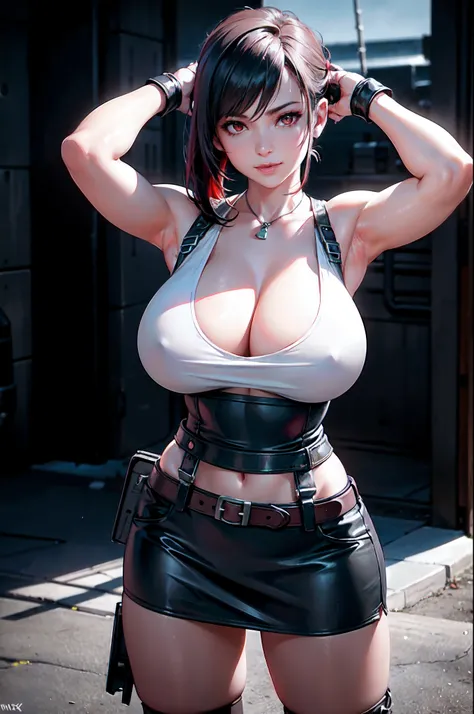 (8k, best quality, masterpiece:1.2), (realistic, photo-realistic:1.37), ultra-detailed, 1 girl,cute, solo, (tifa lockhart), (huge breasts:1.5),(beautiful detailed eyes), (smile:1.2), (closed mouth), erotic pose, dancing, outside an industrial factory, dept...