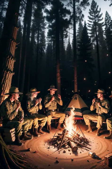 A group of soldiers sit around a campfire，Raise both hands, at a campfire in the forest, shutter inventory, at a campfire at night, dancing around a fire, campfires, bonfires, campfire background, istock, warm and joyful atmosphere, camping, campfire in ba...