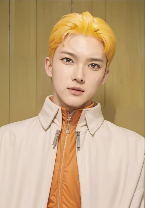 Real life adaption of this character,realistic detail yellow Hair,wearing realistic orange sport jacket with Zipper and wearing realistic white thin cloak with collar,((handsome Korean teen face)),hyper realistic,realism,realistic light,realistic shadow,(p...