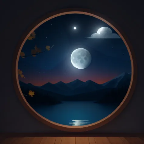 There is a window，You can see the mountains and the moon, calm evening. Digital illustration, moon light fish eye illustrator, moonlit starry sky environment, moon light in the top background, window to night time, Moonlight background, moonlit night dream...