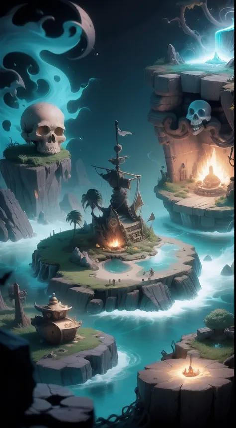 Stylized cartoon crater lagoon pirate island with large skull