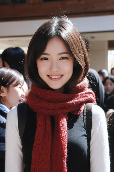 tmasterpiece，best qualtiy，realisticlying，girl portrait，ssmile， wearing only scarves，In front of a crowd