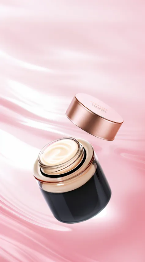 Close up of a jar of cream on pink background, textured base ; product image, Creamy skin, porcelain skin ”, crisp smooth lines, Glossy surface, diffused natural skin glow, beauty shot, Glossy glossy skin, face, soft luminescent glow, exquisitedetails, Clo...