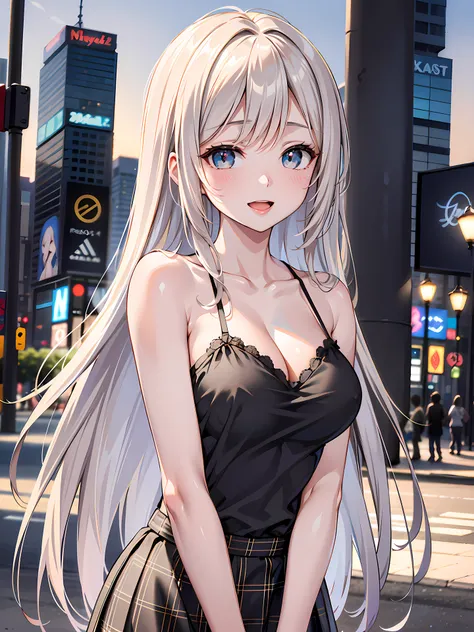 (1girl:1.3, solo), (Masterpiece, best quality, photorealistic, highres, photography, :1.3), ultra-detailed, sharp focus, professional photo, commercial photo, (upper body:1.3), (standing at downtow street), (((starring at the viewer:1.5))), (arms behind ba...