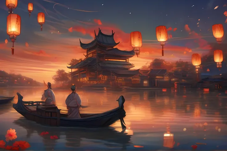 Middle Metaverse，the night，Put river lights，Night view of floating lanterns on the river,Kongming Lantern，Sacrifice to ancestors，Nostalgia for the past and the present，depth of fields，Chinese town，mystical ambiance，（Thick painting style），digitial painting,...