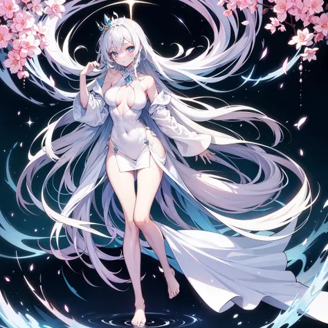 This is a sexy and mature beautiful girl，Delicate and cute，Anterior convex and posterior，Bashfully enchanting， Fair and beautiful legs，Barefoot and barefoot，White robe，Step onto the Void Law Formation，The spell hovers in the air，Light blue eyes，Beautiful f...