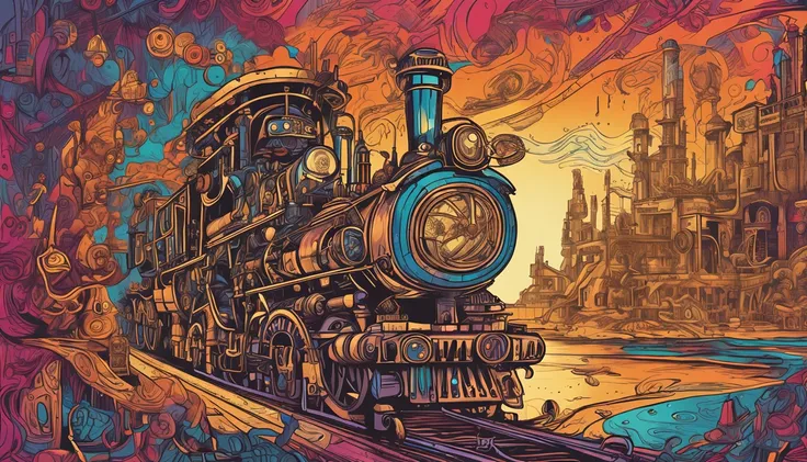 Steampunk pop art，Alchemist in the palace,Master the art of mystery,Young person,Long messy hair,A river of stars,A mysterious flame burning in a furnace,Stable mastery of the furnace fire,steampunc,Cybertron art