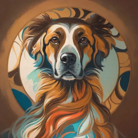 Perro de (Monochromatic brown colors)  con pelo largo y un marco redondo, Arte de Adobe Illustrator, hermosa cabeza de perro, in digital illustration style, Colorful illustration, full color digital illustration, Estilo de arte vectorial, Jen Bartel, Retra...