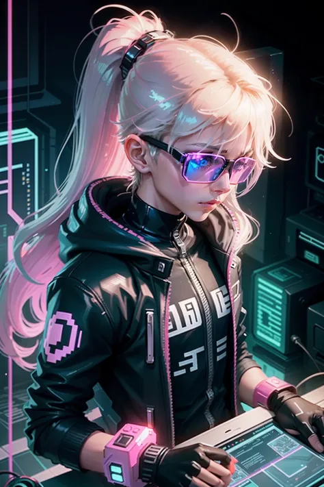 Boy wearing augmented reality glasses，（pixelart），（retro aesthetic）：1.2，Fascinating charm，Delicate block texture，limited palette，Digital design，12-bit style，neonlight，（Vibrant glow）：1.2，Dynamic colors，Amazing contrast，Future vibe，electric energy，reflective ...