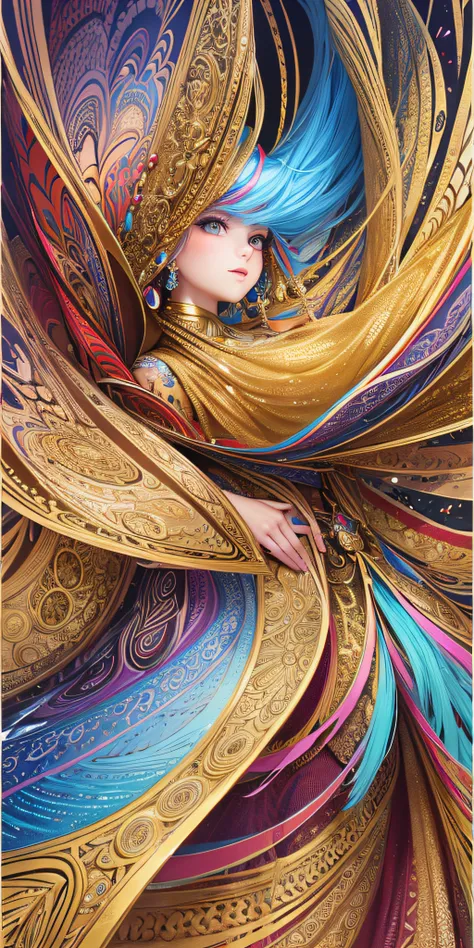 (Masterpiece, Top Quality, Best Quality, Official Art, Beauty and Aesthetics: 1.2), (1girl: 1.3), Very Detailed, (Fractal Art: 1.2), (Colorful: 1.3), Most Detailed, (Zentangle: 1.2), (Dynamic Pose), (Abstract Background: 1.5), (Traditional Clothing: 1.2), ...