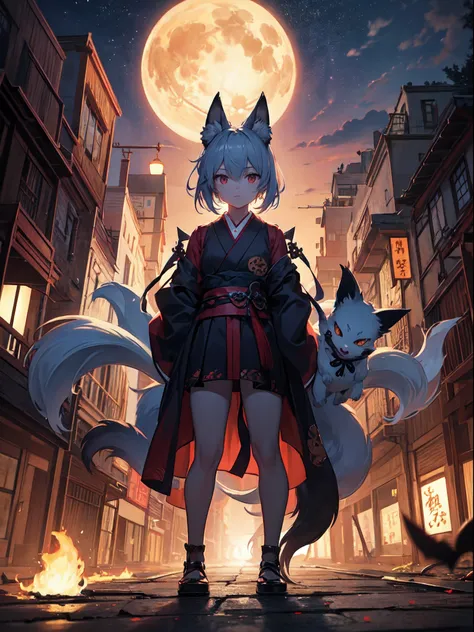 "Night parade of a hundred demons, kitsune, fox tail an ears, goblin, mesmerizing and eerie, featuring a diverse group of mythical creatures, including youkai, oni, and devils (masterpiece:1.2), (vibrant:1.1), best quality, winning award, High quality, Hig...