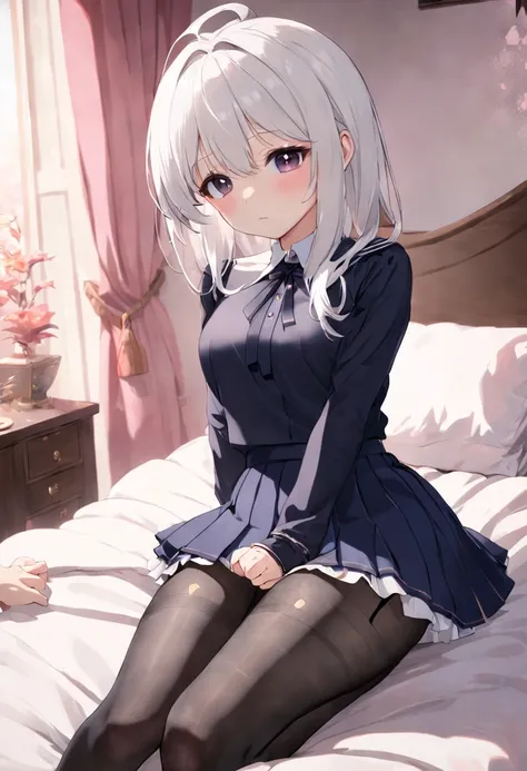 Girl black pantyhose blush white hair JK skirt shy white hair sitting on bed leg clipping wearing stockings