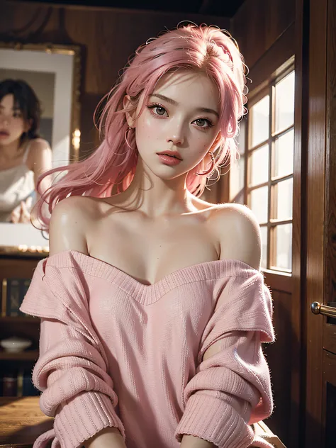 Best Quality, Masterpiece, Ultra High Resolution, (Realisticity: 1.4), Original Photo, 1girl, Pink Off-the-Shoulder, Cinematic Lighting