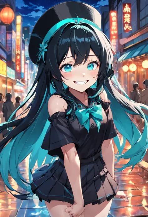 black hair, mini top hat, aqua eyes, smile, grin, jitome, panorama