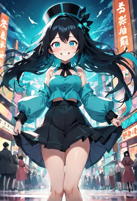 black hair, mini top hat, aqua eyes, smile, grin, jitome, panorama