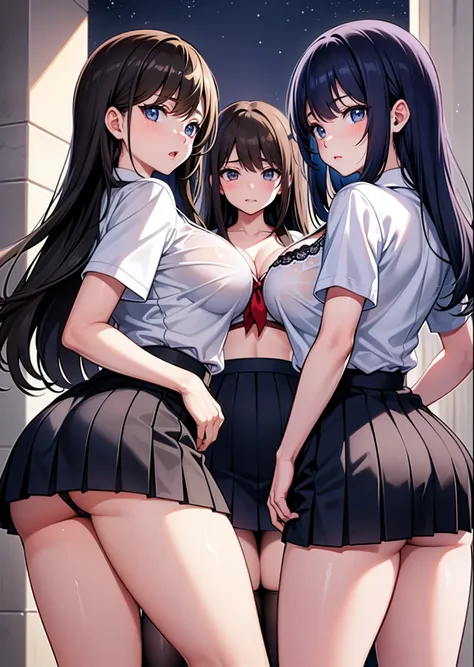 Trio of schoolgirls standing side by side facing backwards、Long Black Hair、Colossal tits、cleavage of the breast、tits out、Park at night、a miniskirt、thighs thighs thighs thighs、Navy blue pleated skirt with visible panties、Short sleeve shirt、s ass、T back、sexy...