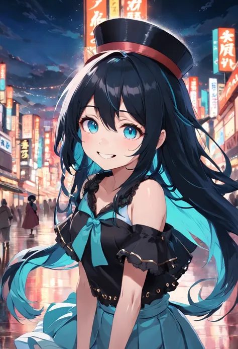 black hair, mini top hat, aqua eyes, smile, grin, jitome, panorama，beautiful girl