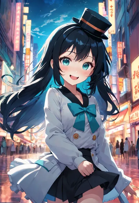 black hair, mini top hat, aqua eyes, smile, grin, jitome, panorama，beautiful girl