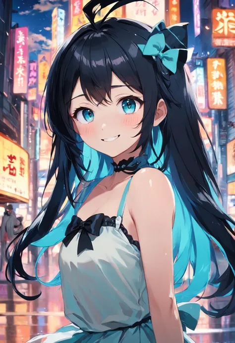 black hair, mini top hat, aqua eyes, smile, grin, jitome, panorama，beautiful girl