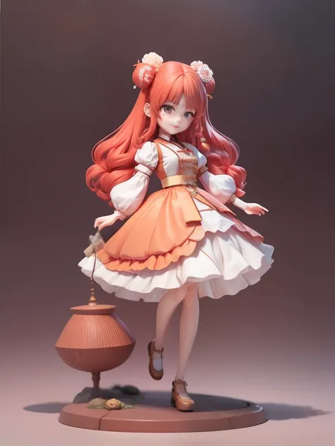 Red-haired girl with exaggerated expression，full body1.2，3Drenderingof，delicated，adolable，Blushlush，Playful，3Drenderingof，Anime statues，Complete details，Puff sleeves，longer sleeves，shift dresses，Brown broom in hand，Daisaku，Need，beautiful  detailed face,美丽细...