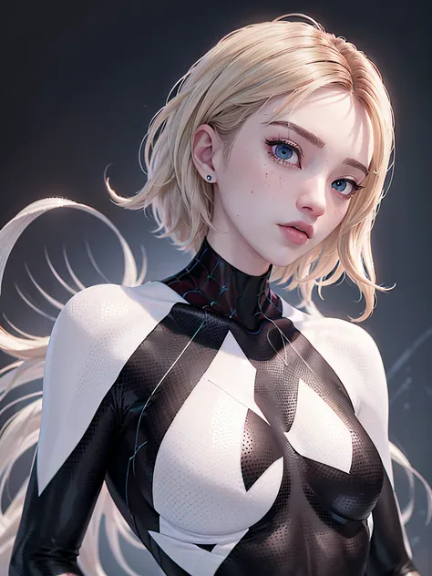 ghost spider, gwen in a black outfit with spider in the center of his chest in white, organic looking outfit, gooey forehead, sy...