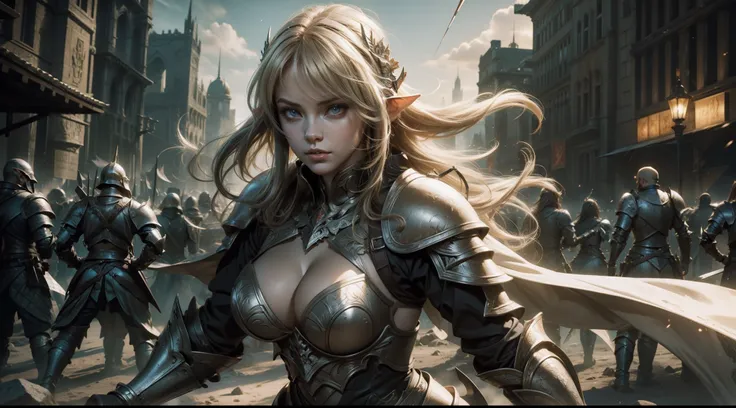 Female elf，Large breasts，Heavy armor，complex patterns，The background is the battlefield，Fighting posture，Mid-range portrait，photorealestic