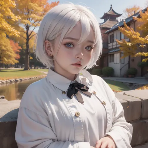 Little fat girl、white  hair、short-haired、A little angry face、Grumpy face、Autumn landscape、Hair illuminated by the sun、Falling leaves flutter