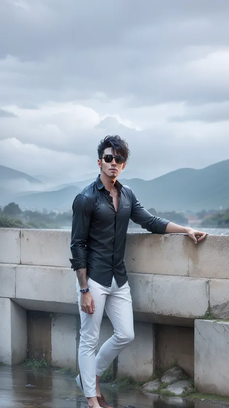 Background nature and rain looking face real 8k and shirt change hair style river with sunglasses