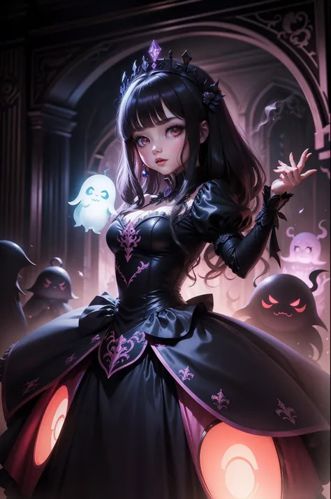 tmasterpiece, beste-Qualit, Queen of Shadows, Explore a haunted theme park, Haunted by Chibis cute ghosts, pretty, phantasy, Glowing, lilt, Stupid, Mystical, Magic, mysterious, Fun, Fun, Fun, Luz Divina