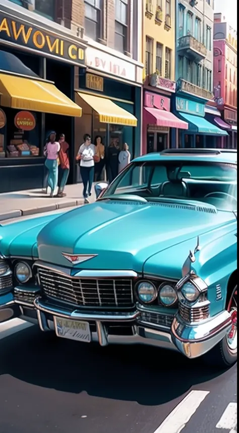 Classic Cadillac DeVille Zoom Out cruise on charming city boulevards, colorful cartoon coloring books, vibrant color contrast zoom out, unzoom