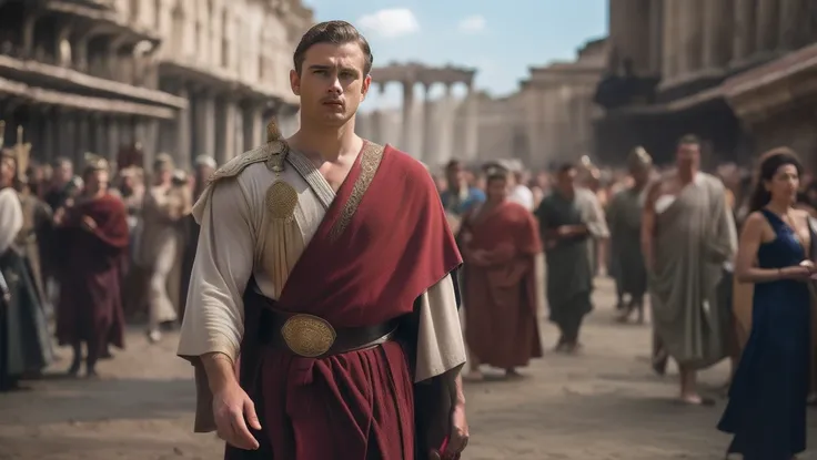 a man in a blue robe standing in a crowd of people, vestidos com roupas gregas, Ancient Greek Man, 8 k filme ainda, filme ainda 8K, Lucas Evans, Julius Caesar, caesar victorious, vestido com armadura grega, history drama, Mocking the Roman legionary, Imper...