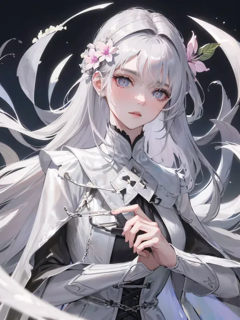 Masterpiece, Best quality, Night, full moon, 1 girl, Mature woman, sister, Royal Sister, Cold expression, face expressionless, Silver white long haired woman, Light pink lips, calm, Intellectual, Three bands, Gray pupils, assassins, short knife, flower,