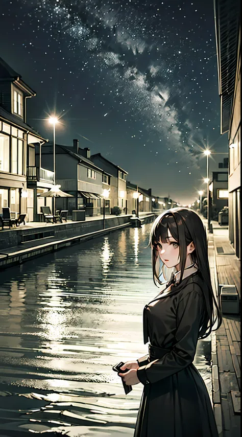 "1 girl, monochrome style, on a boat in a river, nocturnal atmosphere, starry sky"