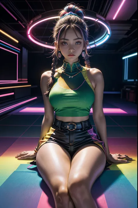 mulher arafed ((Mexicano))with long rainbow hair and a neon cyberpunk tank top, two braids, retrato, Ela tem um rosto bonito, Imagens da Webcam, clivagem, peituda, sexy look at the camera, Fotografado na webcam, 4k, 8k, UHD, wlop, masterpiece , art by jeeh...