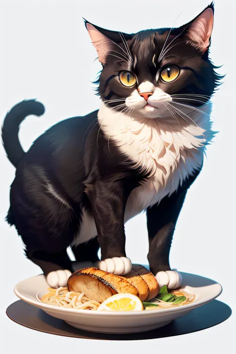 Theres a black and white cat standing on a plate of food, realistic illustration, gato de smoking, painting digital adorable, hyperrealistic illustration, ultra realistic illustration, ultrarealistic illustration, Gato. pintura digital, gato anime realista...