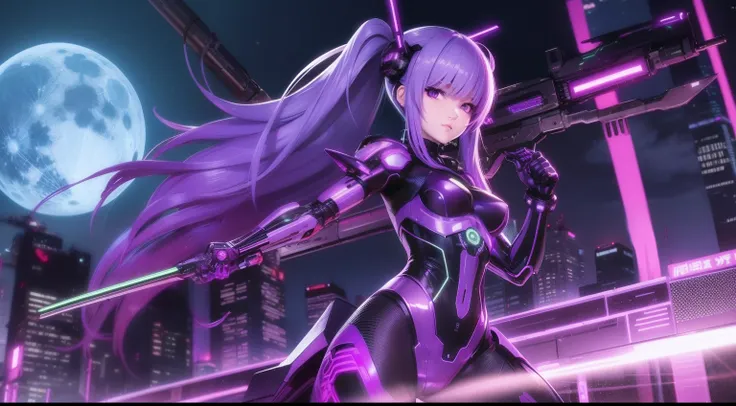 Cybernetic girl, dystopian, neo-tokyo, purple and green accents, visible cyber-skeleton, 8k, high quality, side cut long hair, weapon, scythe, night, moon