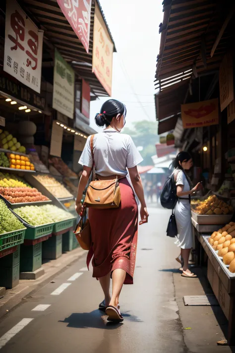 A hawker, a Thai woman, walks in the market, full body, back view