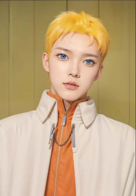 Real life adaption of this character,realistic detail yellow messy hairstyle,wearing realistic orange sport jacket with Zipper and wearing realistic white thin cloak with collar,((handsome korean teen face)),hyper realistic,realism,realistic light,realisti...