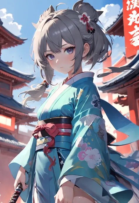 Anime girl in kimono costume holding sword and watch, guweiz on pixiv artstation, Trending on ArtStation pixiv, guweiz on artstation pixiv, anime style 4 k, Cute anime waifu in a nice dress, from arknights, Anime art wallpaper 8k, kawacy, palatial palace ，...