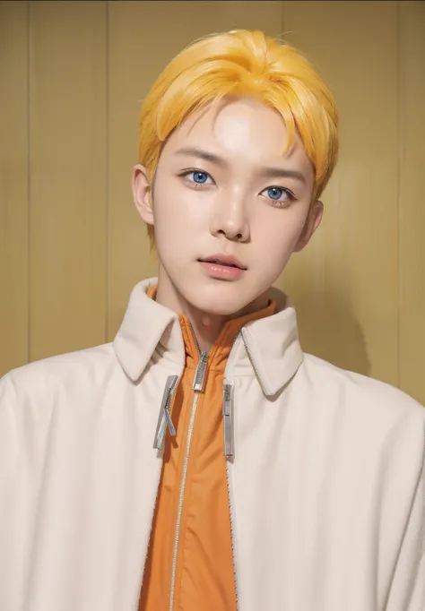 Real life adaption of this character,realistic detail yellow very messy hairstyle,wearing realistic orange sport jacket with Zipper and wearing realistic white thin cloak with collar,((handsome korean teen face)),hyper realistic,realism,realistic light,rea...