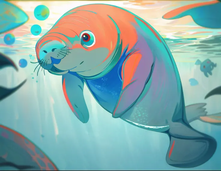 1 cute little manatee,Furry, No Man, In water, ocean floor, Swimming, Blisters, Buble, More details, Saturated colors, cute smiling, Best quality, 8K,