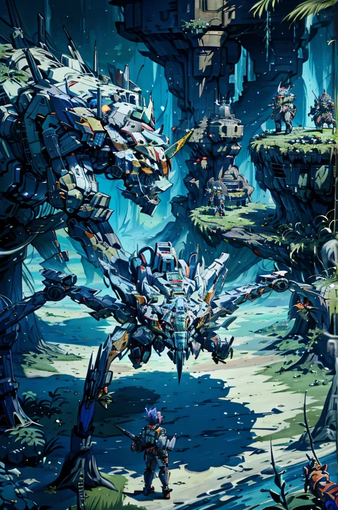 There is a picture of a lot of people in a jungle, Arte Zoids, arte do jogo ultra detalhada, detailed game art illustration, arte oficial altamente detalhada, arte detalhada do jogo, arte de fantasia digital 2d detalhada, Arte Mecha, arte estilizada muito ...