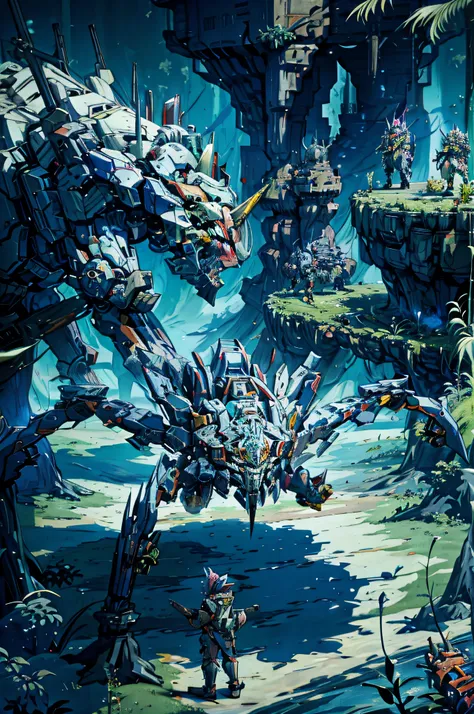 There is a picture of a lot of people in a jungle, Arte Zoids, arte do jogo ultra detalhada, detailed game art illustration, arte oficial altamente detalhada, arte detalhada do jogo, arte de fantasia digital 2d detalhada, Arte Mecha, arte estilizada muito ...